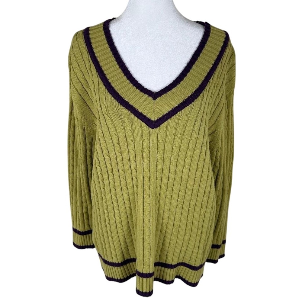 Heirloom Collectibles Cable Knit‎ Sweater Women XL Green V-Neck Pullover Preppy